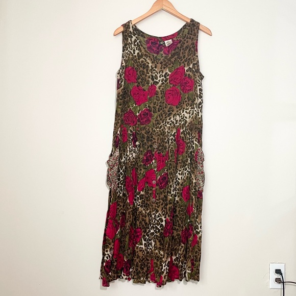 Vintage Leopard Rose Print Midi Dress - Picture 1 of 8